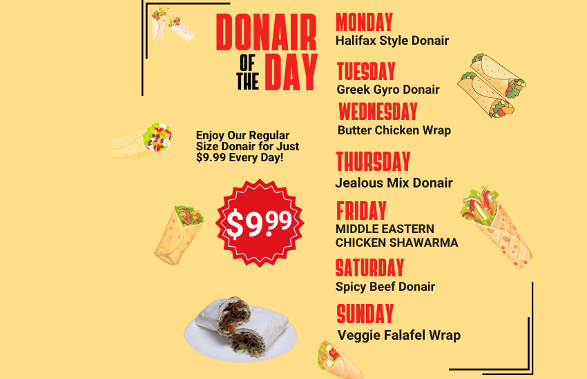 Donair Of The Day. WALK-IN SPECIAL !! – Signature Donairs at Jealous Pizza N Donair, Armstrong BC